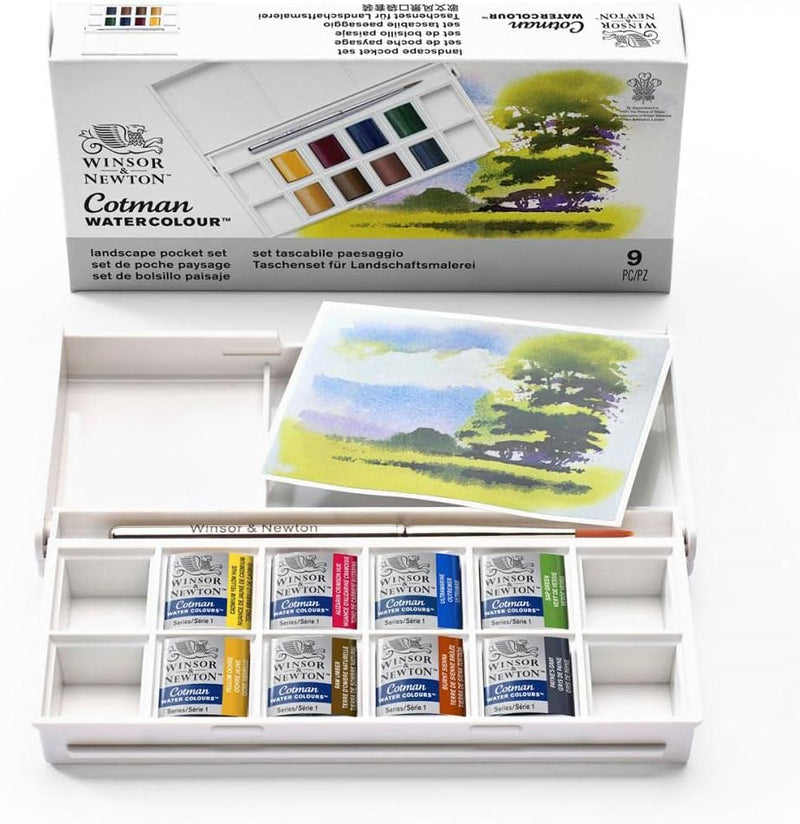Winsor & Newton Cotman Watercolour Half Pans Pocket Sets (Set of 8 + Brush)