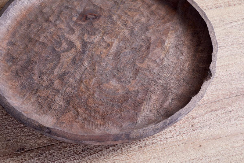 Nyati Mango Wood Etched Round Tray - Dark